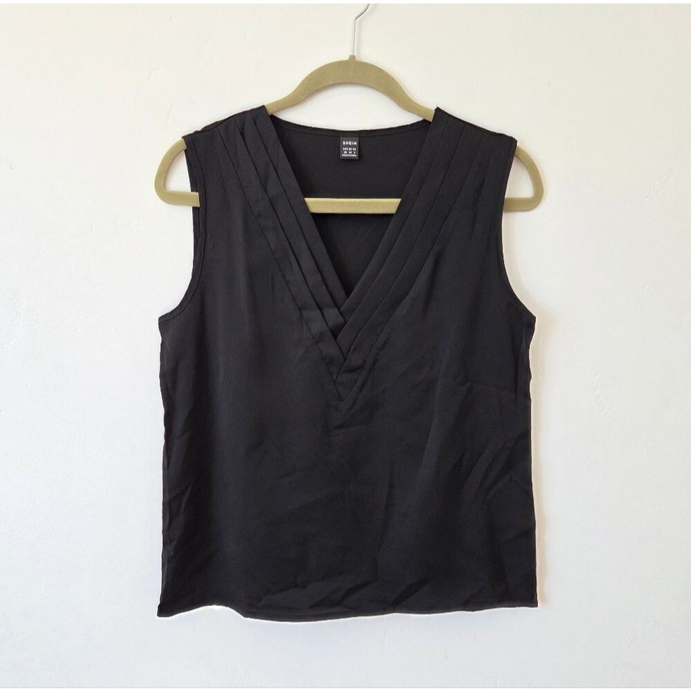 Black Satin Pleated Camisole Classy Office Formal Teacher Work Loose Fit XS